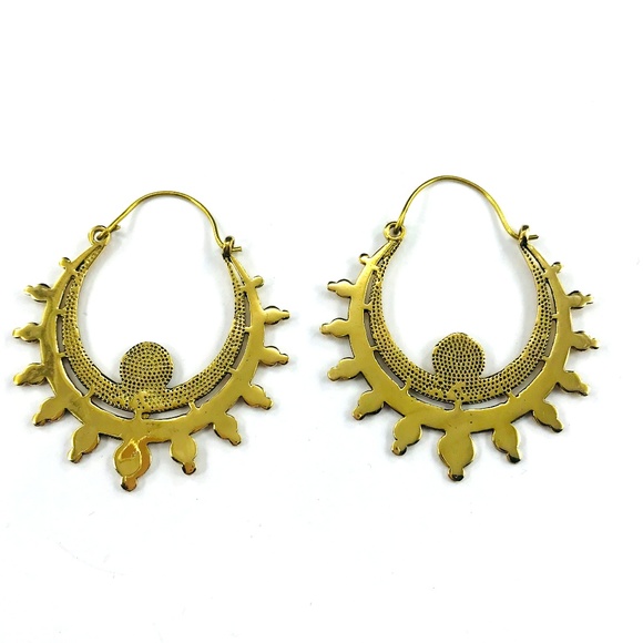 Artisan Gold Color Brass Hoop Earrings Boho Chic - Picture 2 of 2
